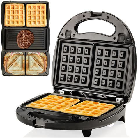 Ovente Electric Indoor Sandwich Grill and Waffle Maker Set with 3 Removable Non-Stick Plates ...