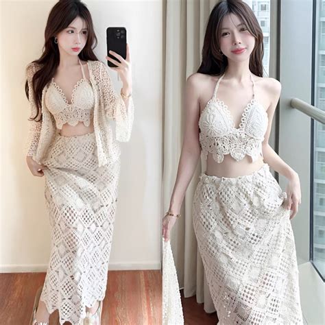 Gaeul store Set bikini len sợi full 3 món đi biển du lịch bra ziczac chân váy dài và khoác lưới