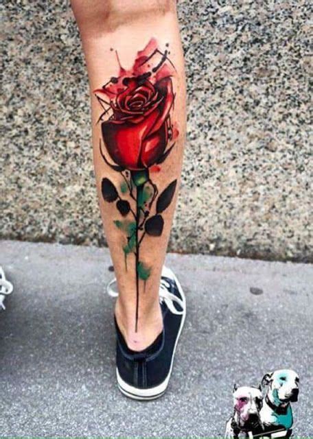 88 tatuagens incríveis para a panturrilha Watercolor rose tattoos