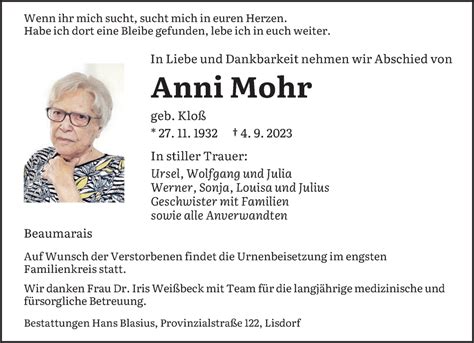 Traueranzeigen Von Anni Mohr Saarbruecker Zeitung Trauer De