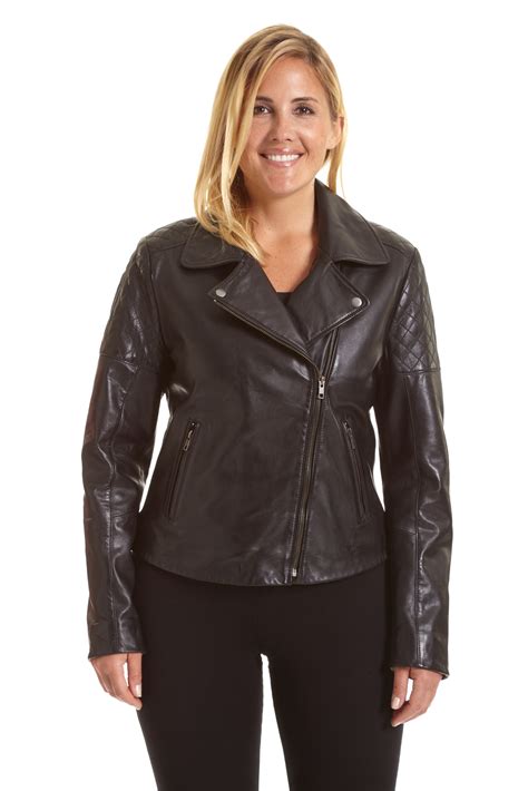 Excelled Women’s Plus Size Lambskin Leather Asymmetrical Zip Moto Jacket