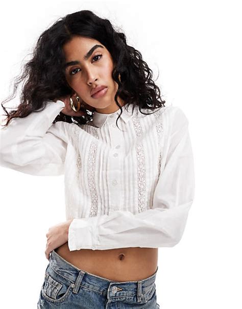 Miss Selfridge Cotton Lace Trim Detail Cropped Shirt In Ivory Asos