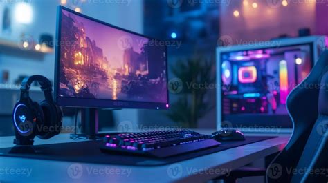 vibrant gaming setup  pc monitor keyboard headphones  chair