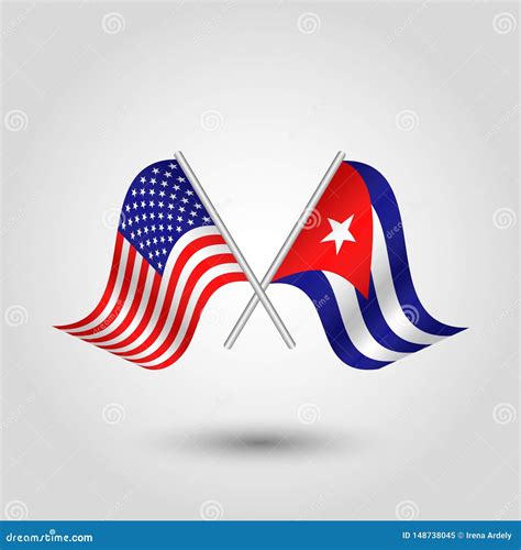 Vector Two Crossed American Cuban Flags on Silver Sticks - Symbol of