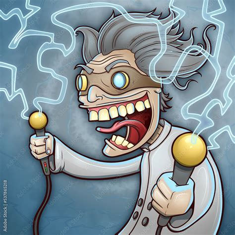 Mad Scientist With Electricity Experiment Cartoon Illustration Stock