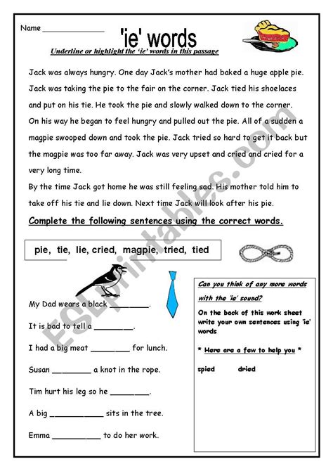 ´ie´ As In Pie Esl Worksheet By Gumnuts1