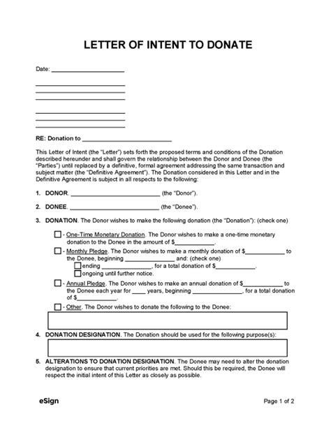 Free Letter Of Intent To Donate Pdf Word