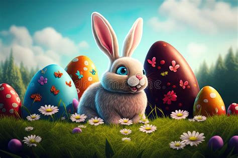 Easter Bunny Rabbit Among Many Colorful Eggs Cartoon Style Digital