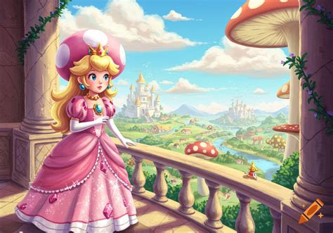 Toadstool Princess - A colorful illustration of Princess Peach (Toadstool) on a balcony ...