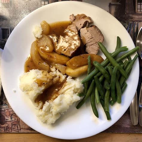 Cider Pork Roast With Apple Thyme Gravy Garlic Mashed Potatoes And