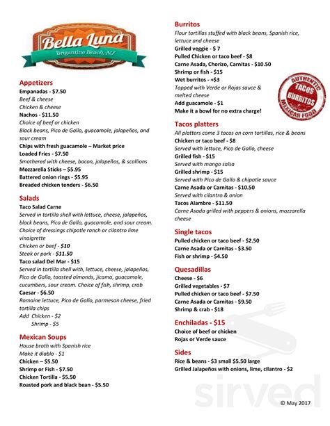 Bella Luna Menu In Brigantine New Jersey Usa