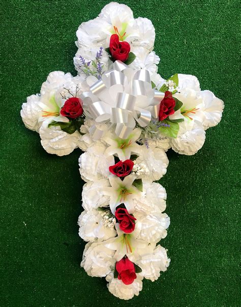 Beautiful Large White Carnation Easter Cross Accented With Red Roses