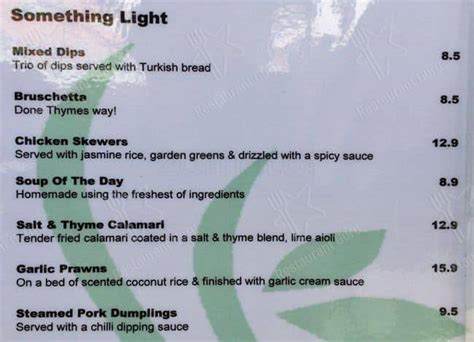 Menu At Thyme Cafe Bar Main Beach 20 22 Tedder Ave