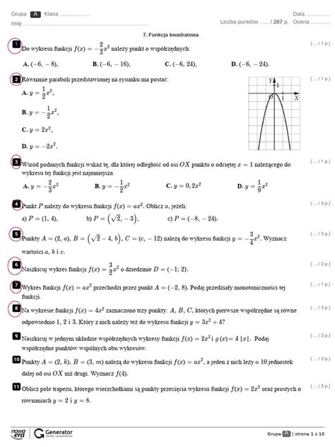 Funkcja Kwadratowa Test (Z Widoczną Punktacją) | PDF