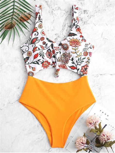 [21 Off] 2021 Zaful Bohemian Flower Knotted Monokini Swimsuit In Multi