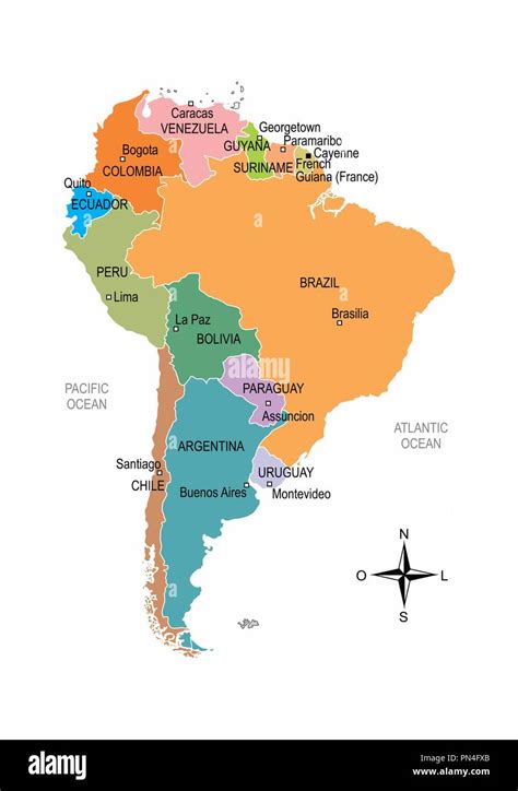 Colorful Map Of South America With Division Of Countries And Their