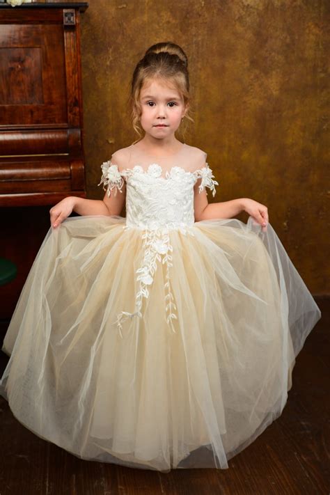 Nude Flower Girl Dress Train Girl Ball Gown Ivory Lace Flower Girl