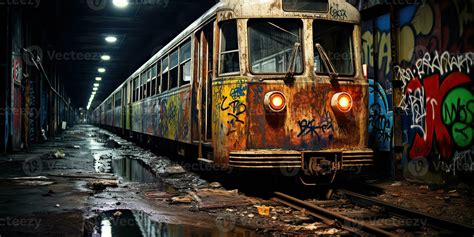 AI Generated. AI Generative. Tunnel abandoned underground subway train