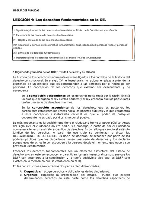 Apuntes Mios Def LecciÓn 1 Los Derechos Fundamentales En La Ce 1 Y Función De Los Ddff