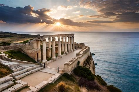 Una Puesta De Sol Sobre Las Ruinas Del Antiguo Templo Romano Foto Premium