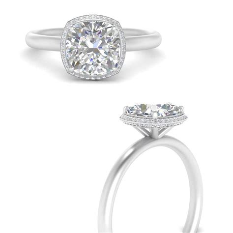 Cushion Cut Hidden Halo Diamond Engagement Ring In 14K White Gold ...