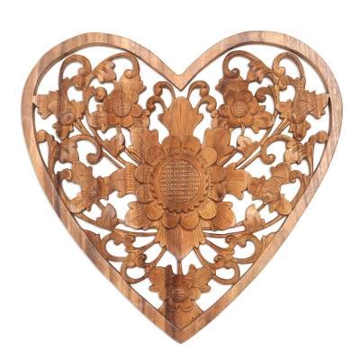 UNICEF Market Hand Carved Suar Wood Heart Relief Panel With Floral