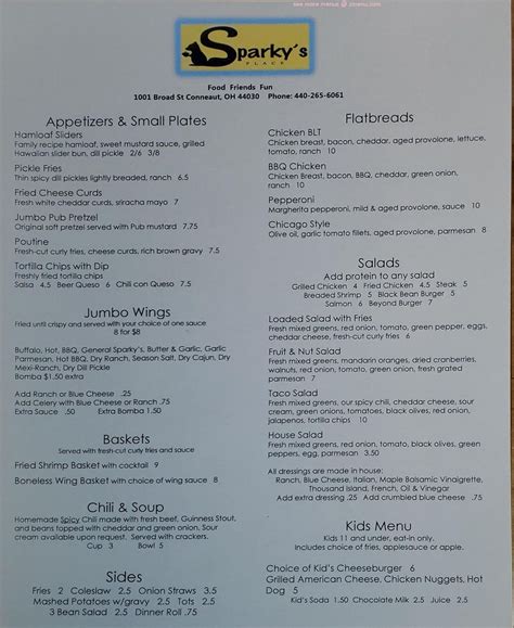 Menu at Sparky's Place pub & bar, Conneaut