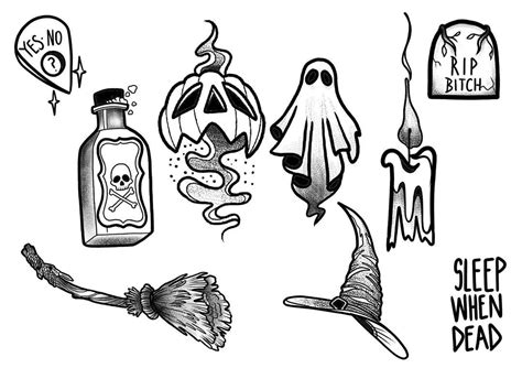 Available Halloween Flash Sheet Spooky Tattoos Traditional