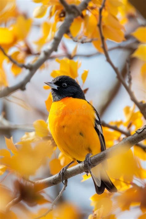 Vibrant Orange Baltimore Oriole Bird Perched in Golden Autumn Foliage ...