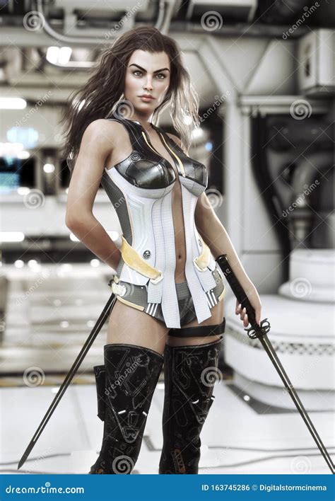 Futuristic Female Warrior Holding Duel Swords Posing Ready For Combat