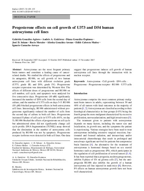 Pdf Progesterone Effects On Cell Growth Of U373 And D54 Human