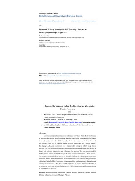 Resource Sharing among Medical Teaching Libraries A Developing Country ...