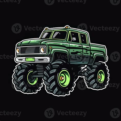 Green Monster Truck Sticker Graphic With White Border Outline And Black