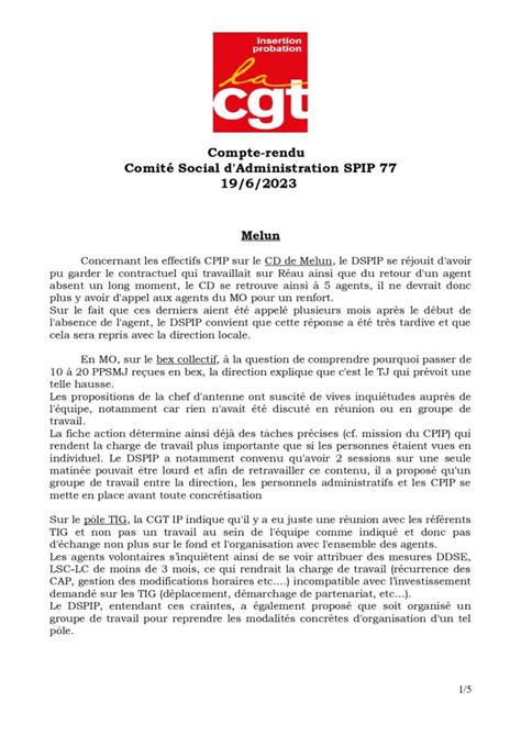 Compte Rendu Du CSA Du SPIP 77 Du 19 Juin 2023 CGT Insertion Probation