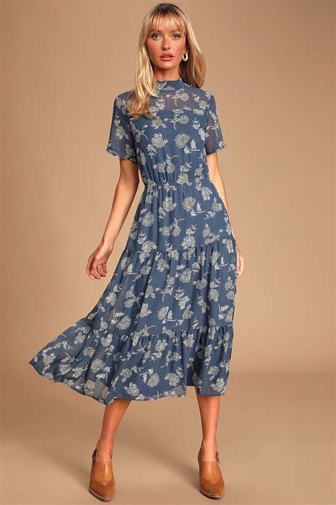 Floral Dressed Up Dusty Blue Floral Print Midi Dress Floral Blue