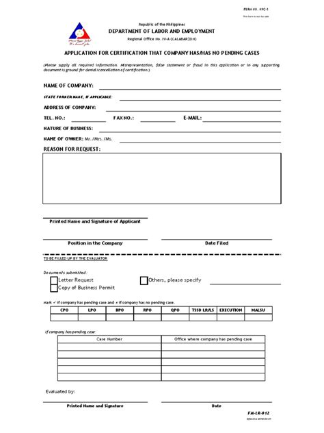 Dole Application For Certificate Of No Pending Case Pdf