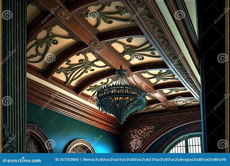 Dark Victorian Mansion Wooden Ceiling Interior Illustration With