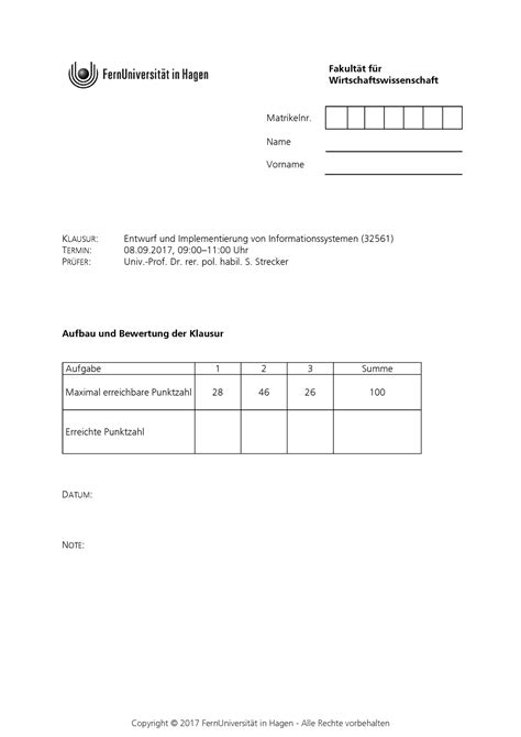 Klausur September Sommersemester 2017 Fragen Fakultät für