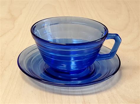 Moderntone Cobalt Blue Cup And Saucer Glass Set Depression Etsy