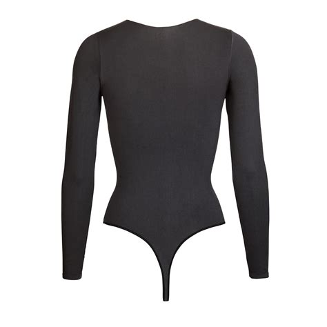 Skims Satin Long Sleeve Crew Neck Thong Bodysuit In Onyx Black Lyst