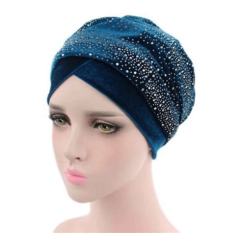 2020 Women Rhinestone Velvet Turban Caps Muslim Head Scarf Hat Bonnet