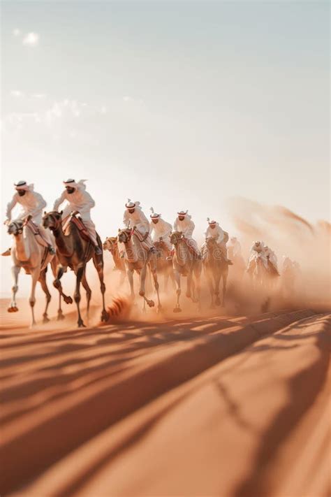 Camels And Jockeys Racing Through Desert Landscape Motion And