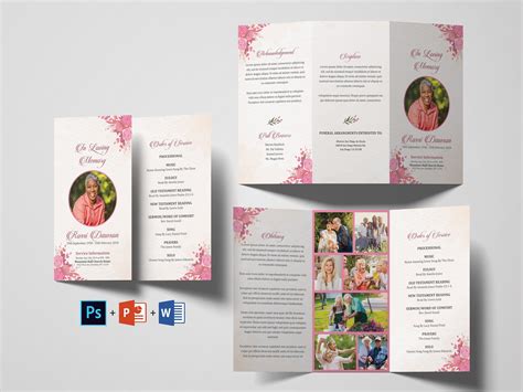 Pink Floral Rose Trifold Funeral Program Template Funeral Program