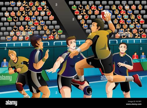 A Vector Illustration Of People Playing Handball In The Competition For