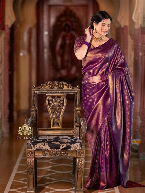 Eggplant Purple Kanjeevaram Silk Saree Zilikaa