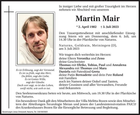 Traueranzeigen Von Martin Mair Trauer Bz