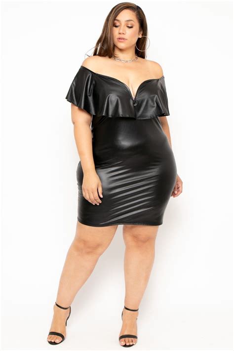 Plus Size Faux Leather Frill Bodycon Dress Black In 2020 Black Bodycon Dress Leather