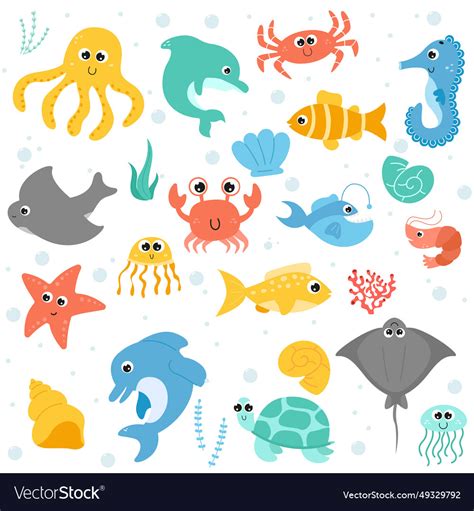 Set with undersea animals hand drawn sea life Vector Image