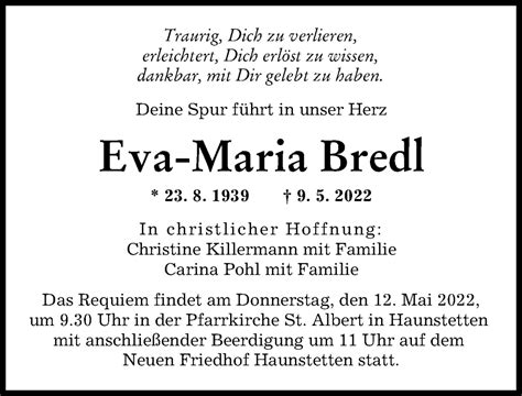 Traueranzeigen Von Eva Maria Bredl Augsburger Allgemeine Zeitung