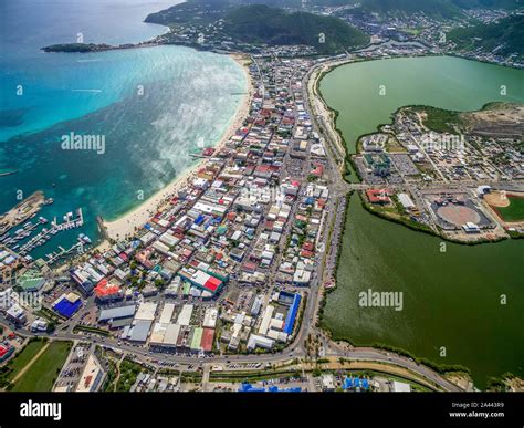 High Aerial view of the capital of St.Maarten, Philipsburg. Dutch Side ...